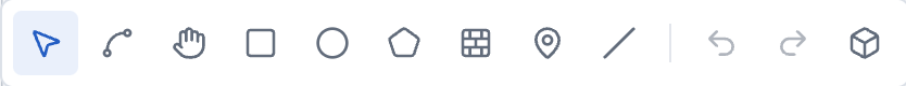 Actual drawing palette icons for select, curves, pan, shapes, walls, markers, guides, undo, redo and preview
