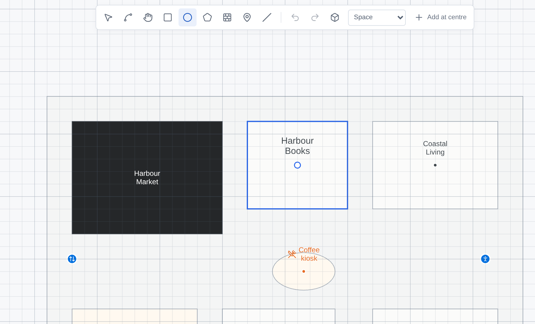 Ellipse tool selected above the studio canvas, with an oval coffee kiosk in the map