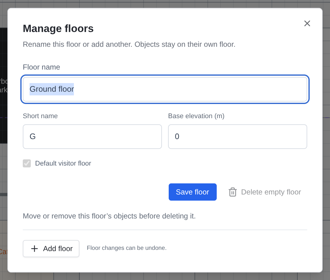 Manage floors dialog with floor name, short name, elevation, default floor and Add floor controls