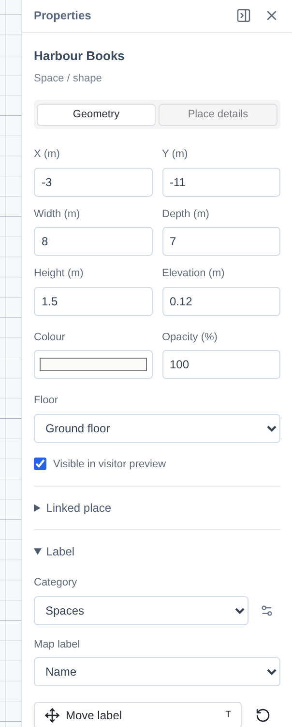 Inspector numeric fields for the selected shop, including width, depth, height and elevation