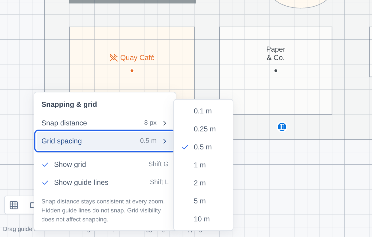 Grid spacing submenu with 0.1, 0.25, 0.5, 1, 2, 5 and 10 metre choices