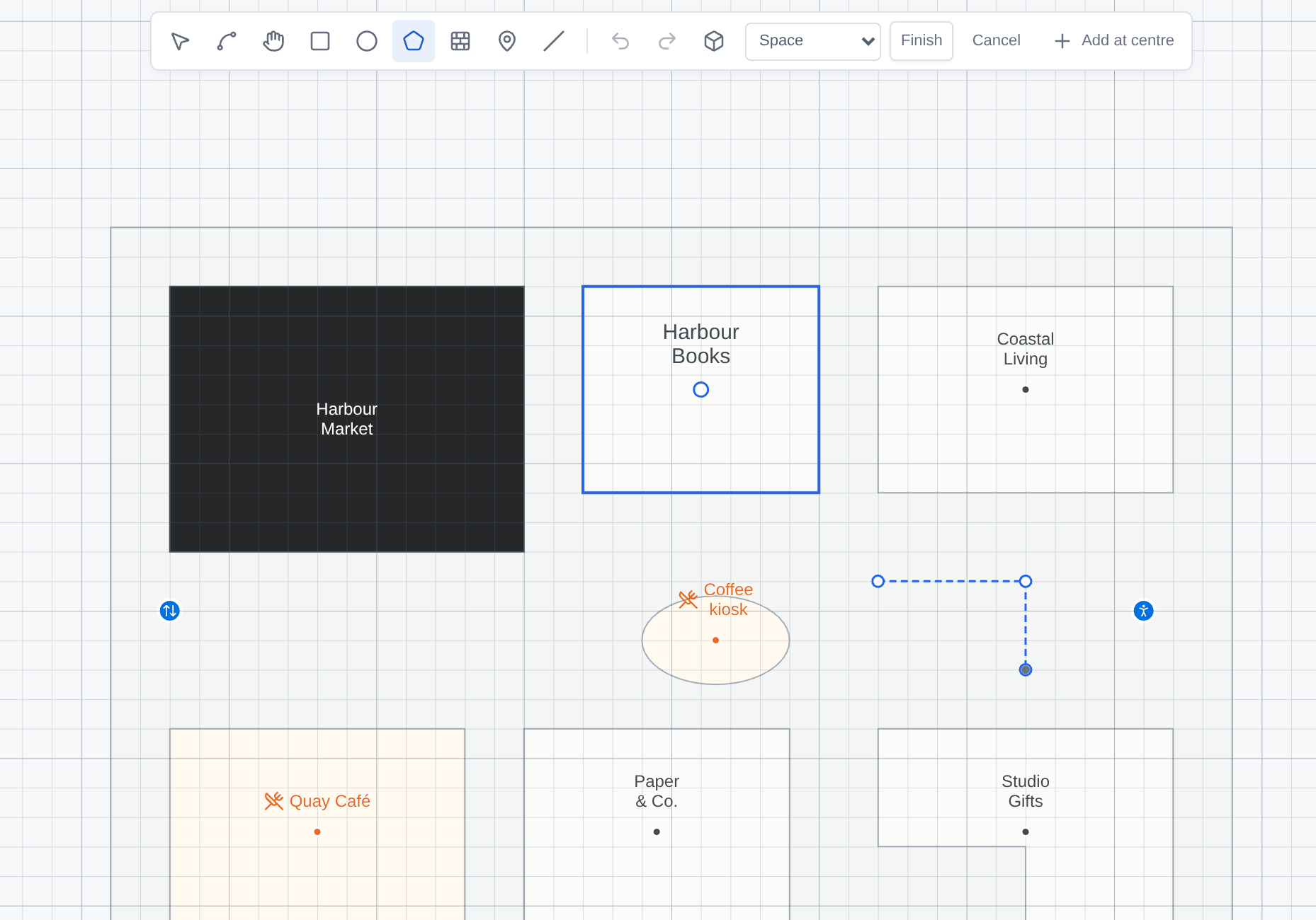 Polygon tool with three points placed and Finish and Cancel controls visible