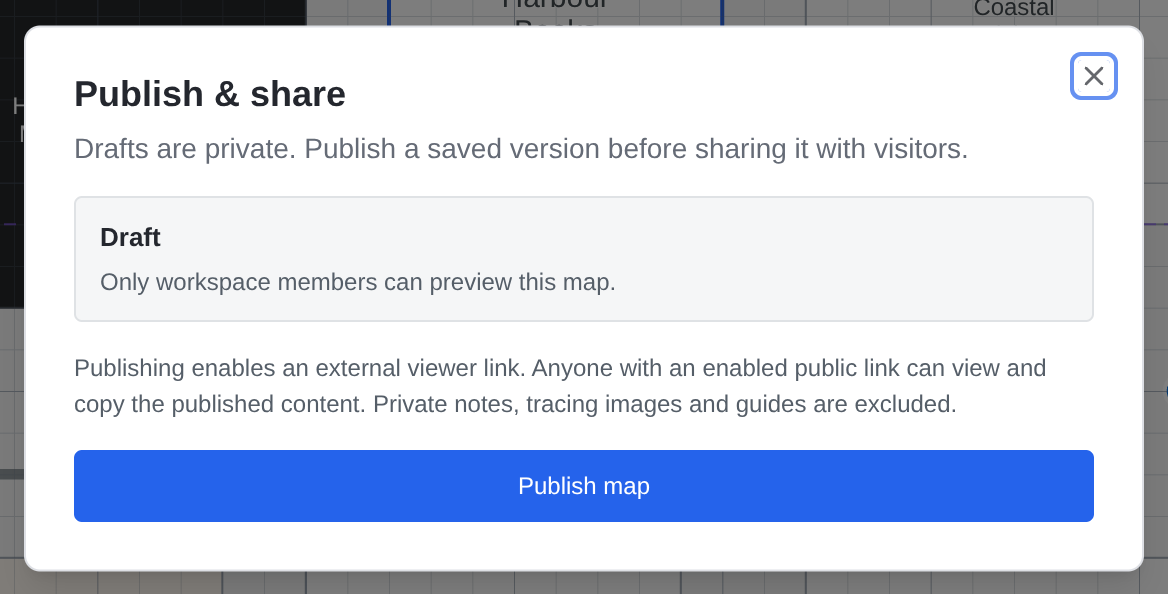 Publish and share dialog for a private draft in the real Maphere studio