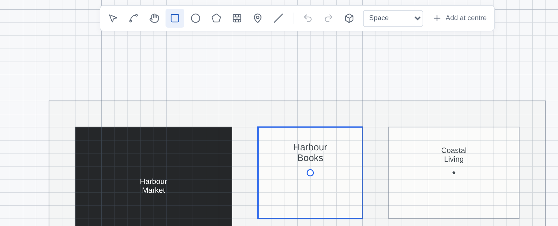 Rectangle selected in the real drawing palette with the Space preset beside the tools