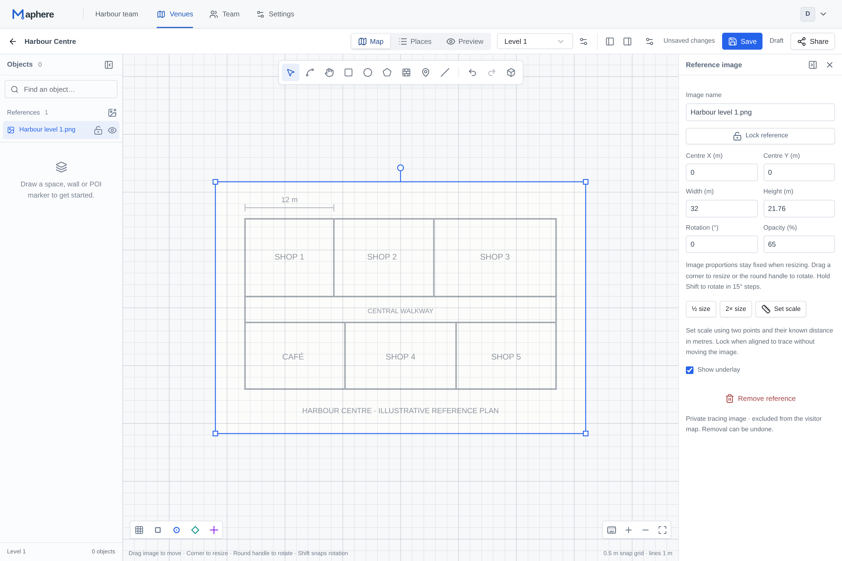 An illustrative floor-plan image loaded as a private reference on Level 1, with reference properties on the right