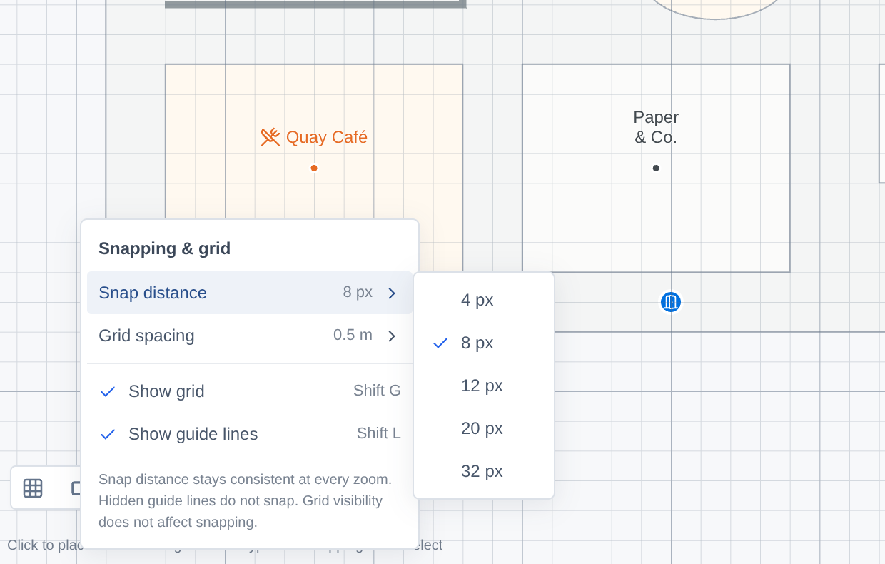 Snap distance submenu offering 4, 8, 12, 20 and 32 pixels, with 8 selected