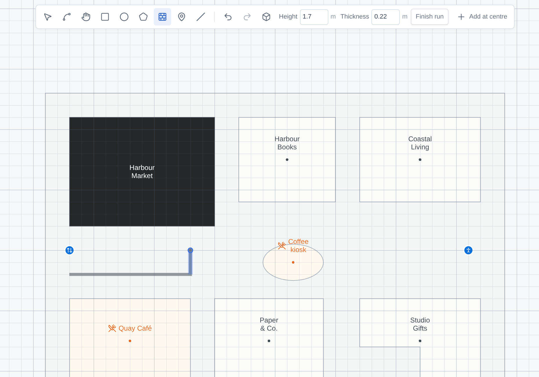 Wall tool with height and thickness fields and a connected wall run on the canvas